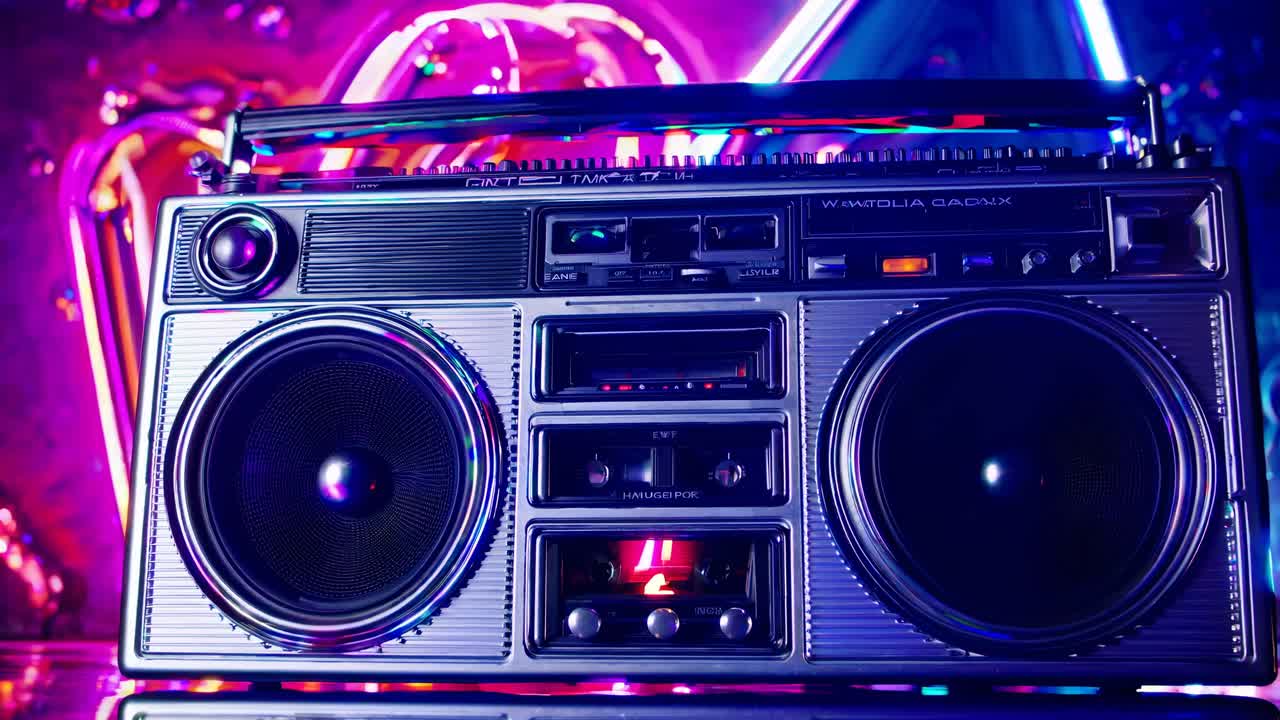 Close-up of a vintage boombox with neon lights in the background, creating a retro video vibe