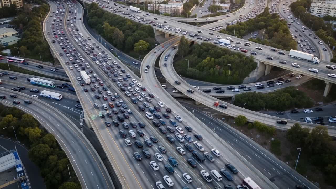 Aerial View of Congested Freeway Interchange Illustrating Heavy Traffic Flow and Gridlock During Peak Hours in an Urban Area