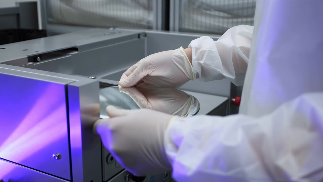 Close-up of gloved hands in a white lab coat handling a shiny reflective disc next to a metallic laboratory machine under purple lighting in a technical