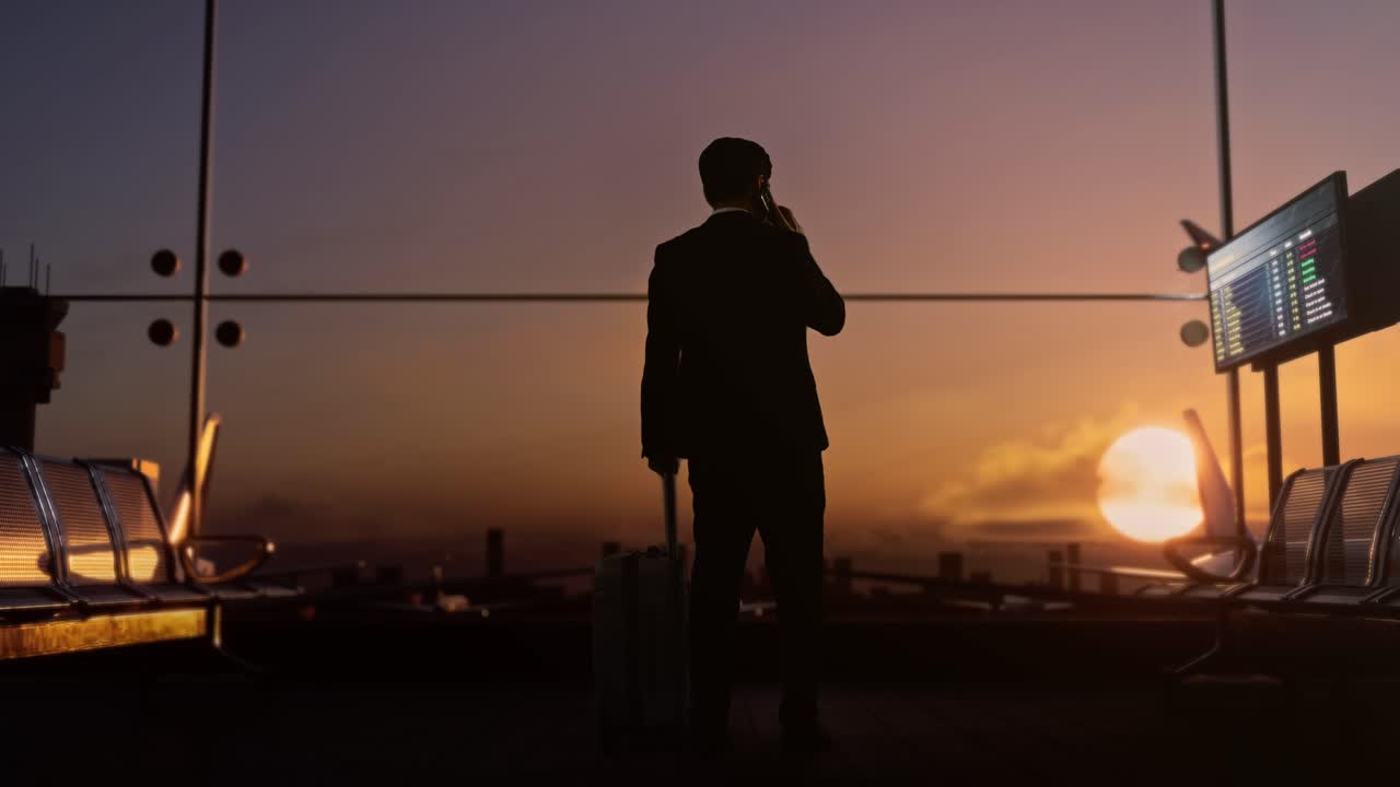 아시아 사업가와 굴러가는 수하물이 공항의 탑승 라운지에서 걸어서 스마트폰으로 대화하고 비행기를 기다리고, 해가 지면 창밖에서 비행기가 이륙합니다.