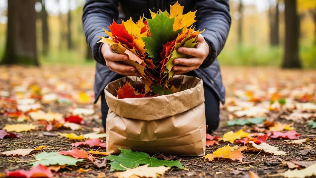 Gathering Autumn Leaves: A Person Collects Colorful Foliage in a Brown Paper Bag Among Fall Colors in a Woodland Setting