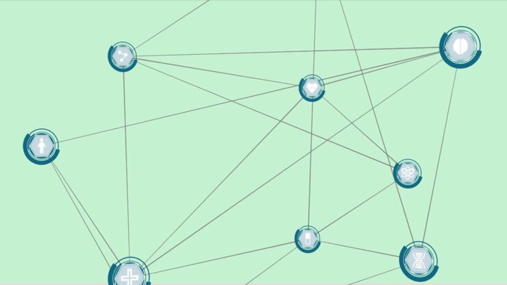 Animation of network of connections with icons over green background