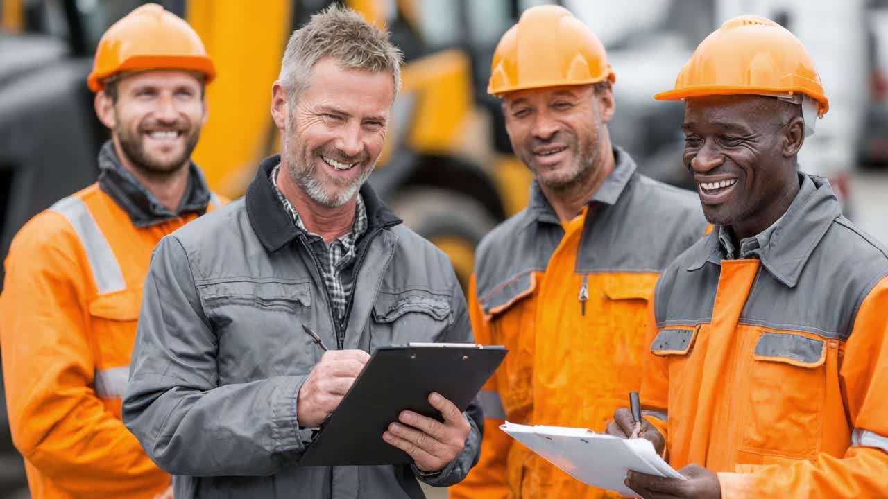 A group of construction workers collaborate actively, exchanging ideas and plans with enthusiasm, showcasing teamwork and unity in a safety-conscious environment
