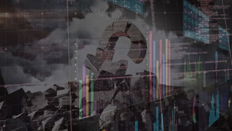 animación de análisis de datos financieros sobre un paisaje rocoso con símbolo de signo de interrogación