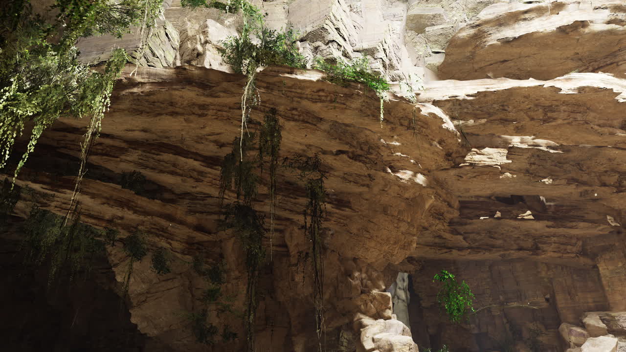 Exploration of a vast cave with rock formations and lush greenery