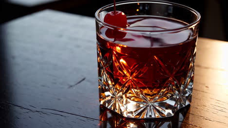 Dark cocktail with cherry on a wooden table
