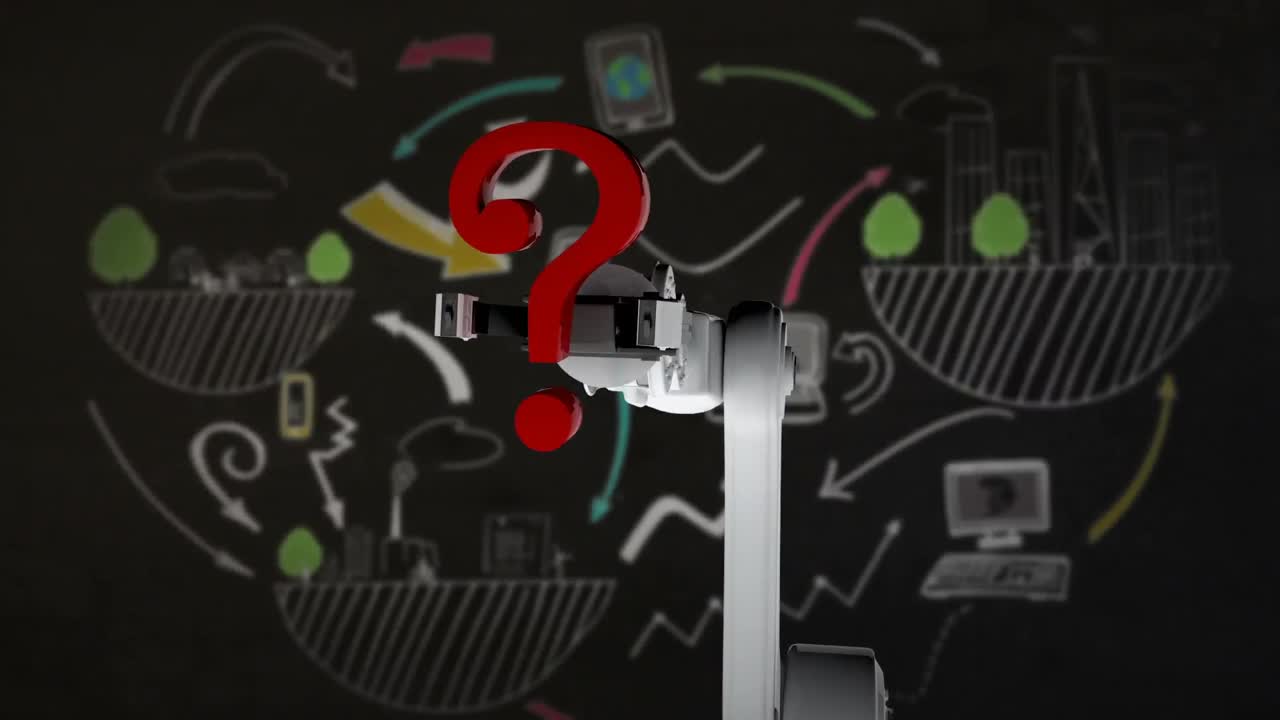 ⁇ 색 로 ⁇  팔이 빨간색 질문표를 들고 있는 디지털로 생성된 비디오 3d