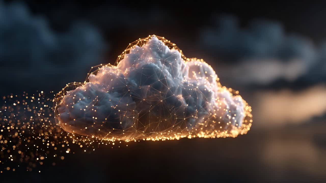 A Stunning Visualization of a Digital Cloud: An Ethereal Floating Cloud Formed by Sparkling Particles, Exploring the Intersection of Nature and Technology