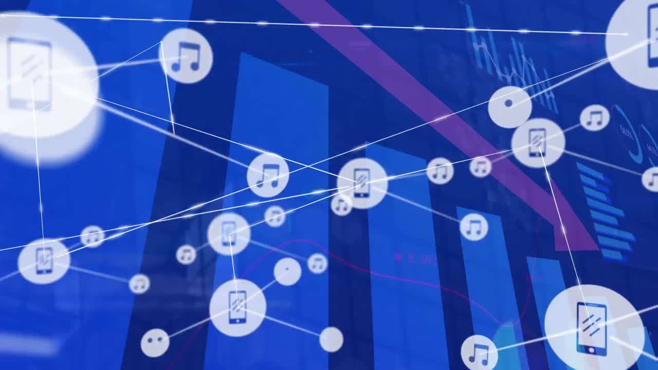 높은 건물에 대한 통계 데이터 처리에 대한 디지털 아이콘 네트워크의 애니메이션