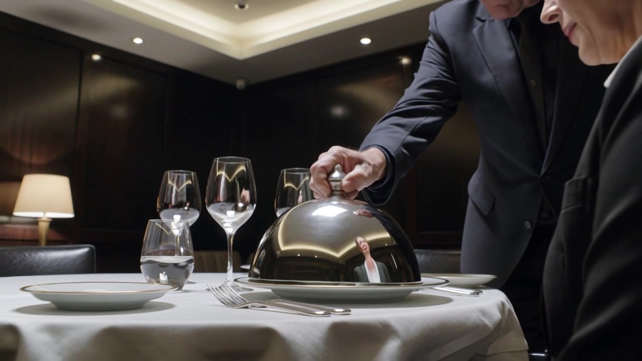 Placing napkin, lowering cloche, server in dark suit serving seated diner in dark blazer