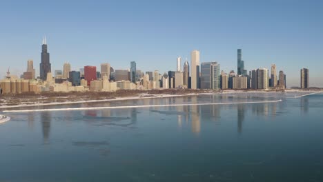 aerial view of chicago from museum campus in winter