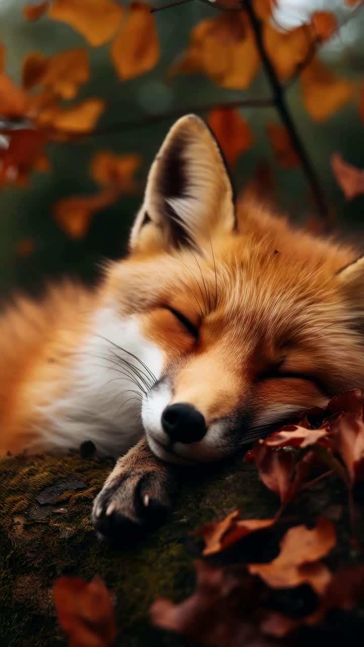 Close-up of a fox in autumn foliage, shot from a low angle. The video captures its vibrant fur