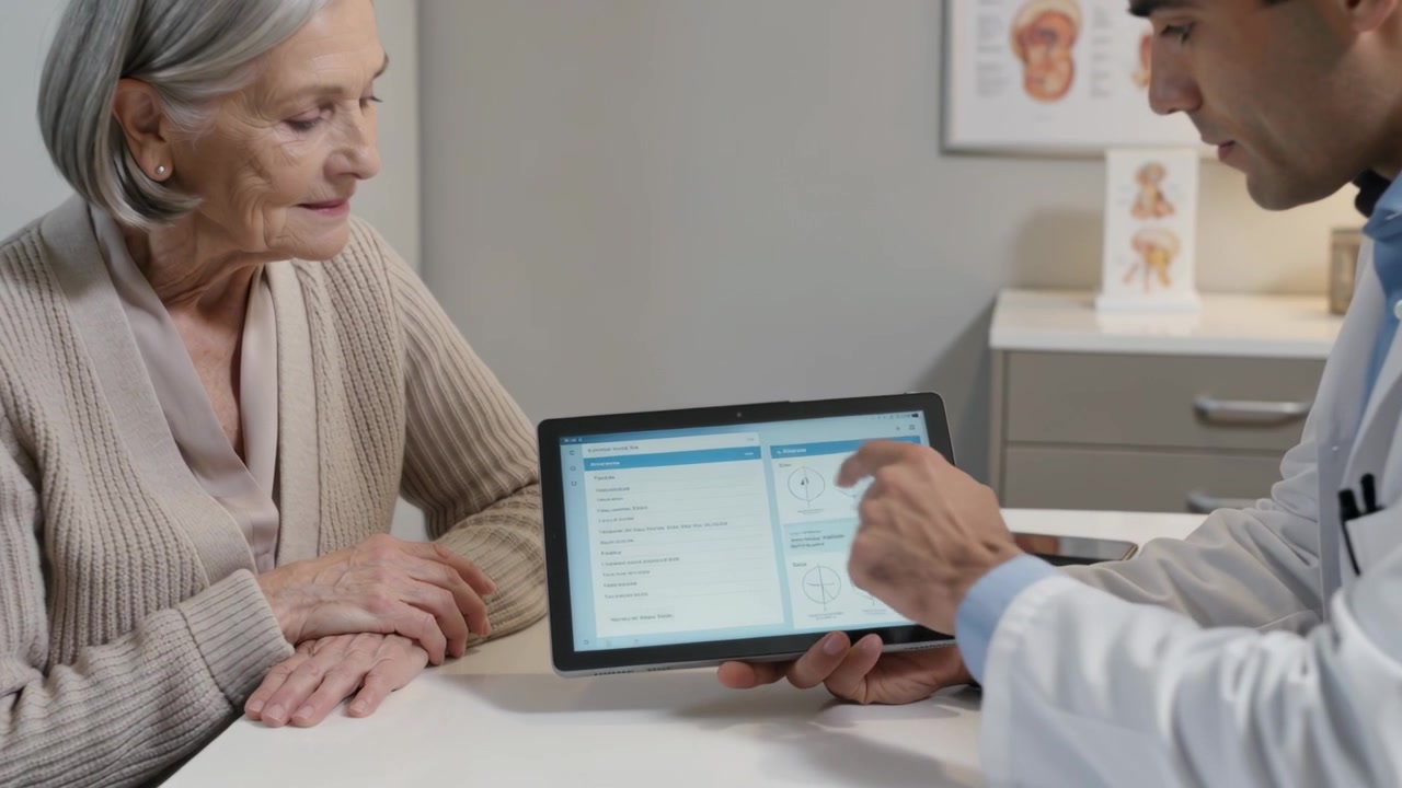 Médico de jaleco branco colocando tablet mostrando resultados na clínica, apontando enquanto paciente de cardigã observa.