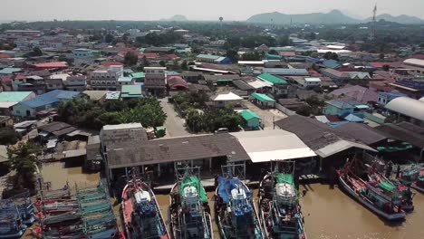 fisherman port on sunny day, aerial