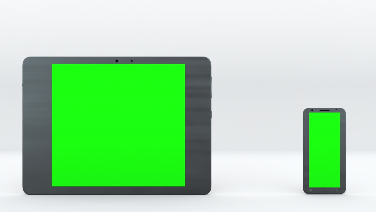 tabletas y teléfonos inteligentes con pantalla verde, generados por computadora. dispositivos de pantalla táctil, renderización 3d. fondo moderno generado por computadora