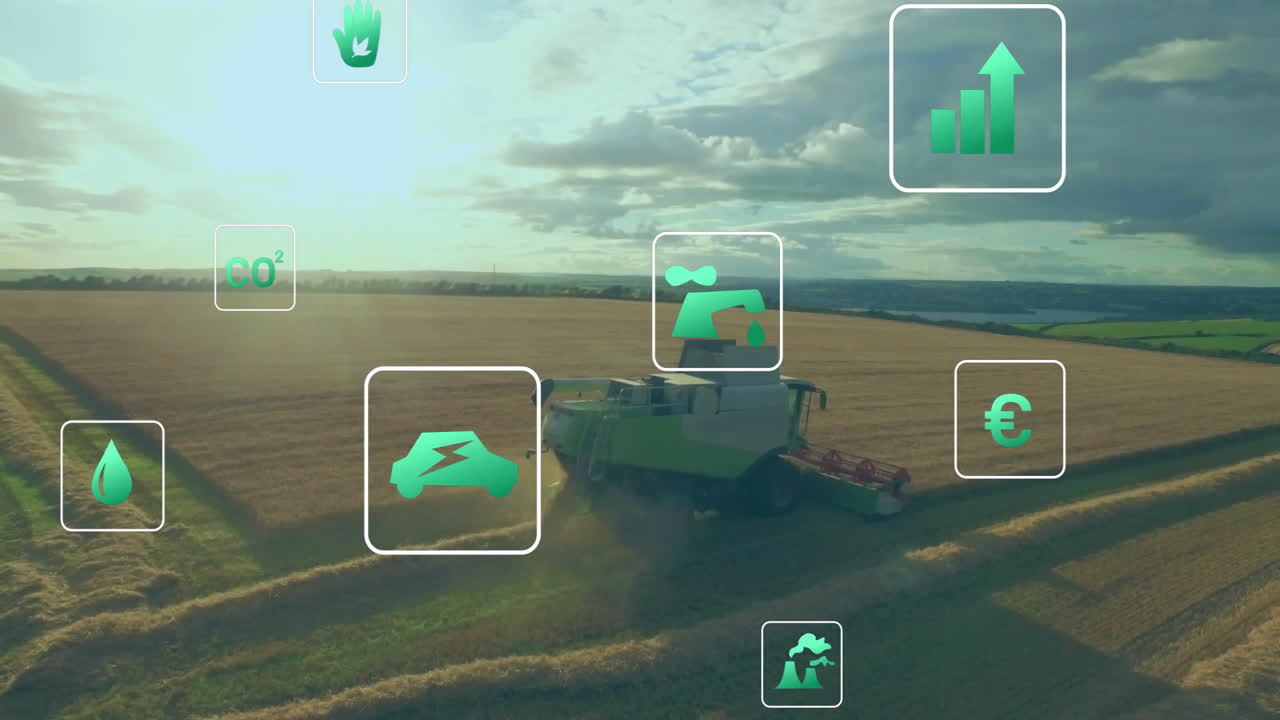 Combine harvester cutting wheat at sunset while green tech icons floating overhead in flat design