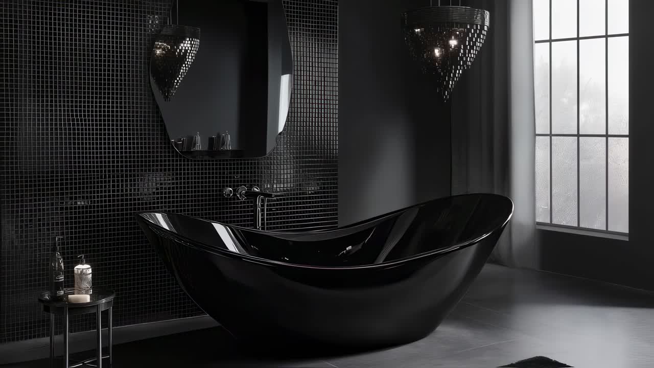 Elegant dark bathroom interior with black mosaic tiles, sleek black bathtub, designer mirror, crystal chandelier, emphasizing sophisticated minimalist design