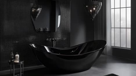 elegant dark bathroom interior with black mosaic tiles, sleek black bathtub, designer mirror, crystal chandelier, emphasizing sophisticated minimalist design