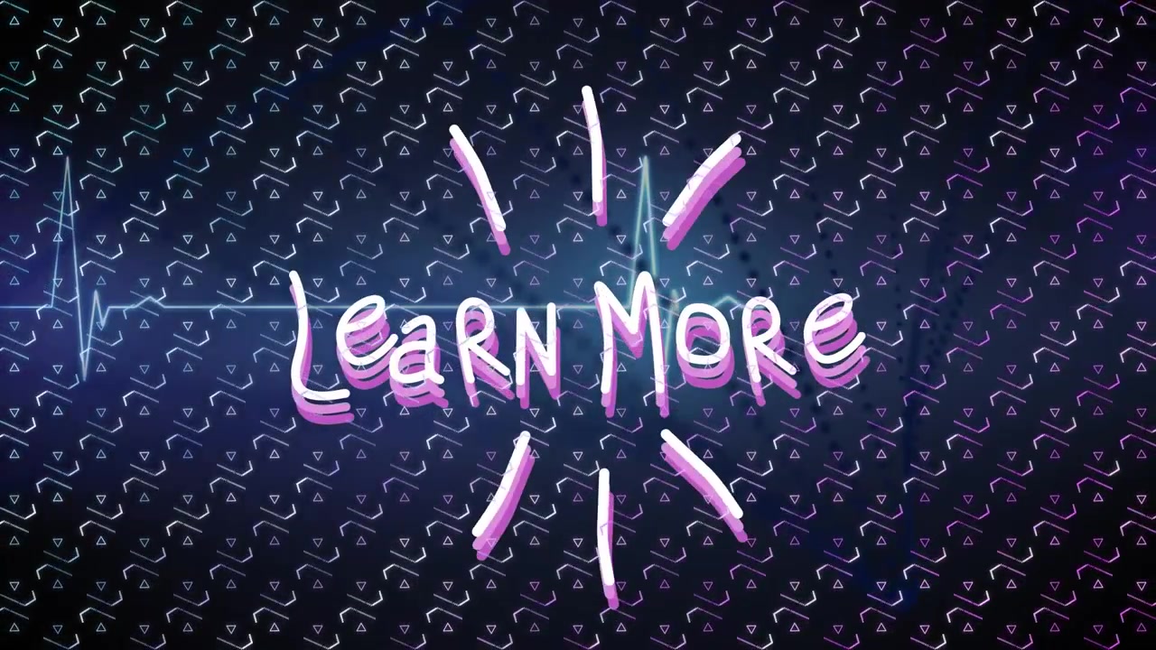 Animation of learn more text and heartbeat pulse and triangles against blue background