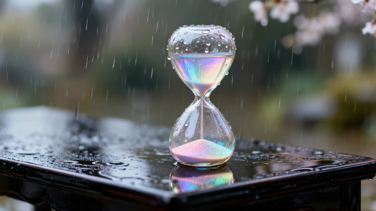 Sitting shiny hourglass collecting droplets on black table while rain falling, creating reflections