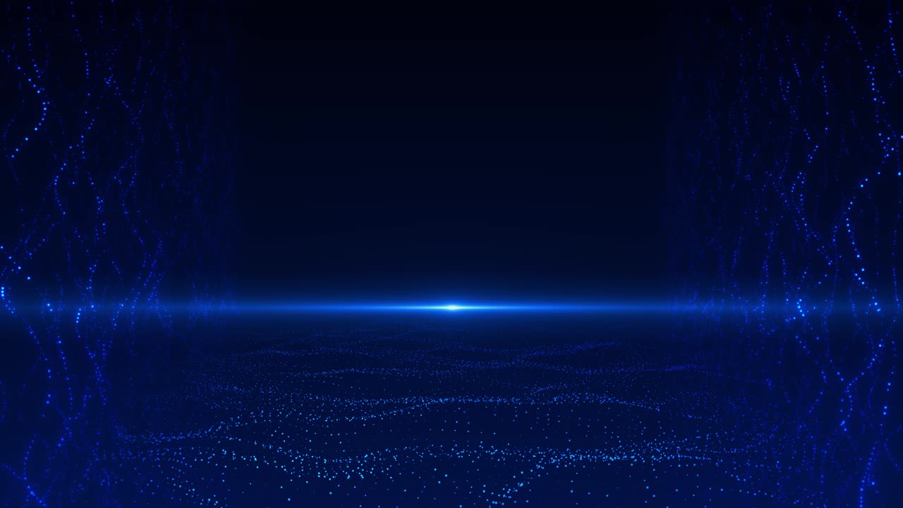 Blue particle waves digital surface dark horizon glow energy flow futuristic wave dynamics scifi