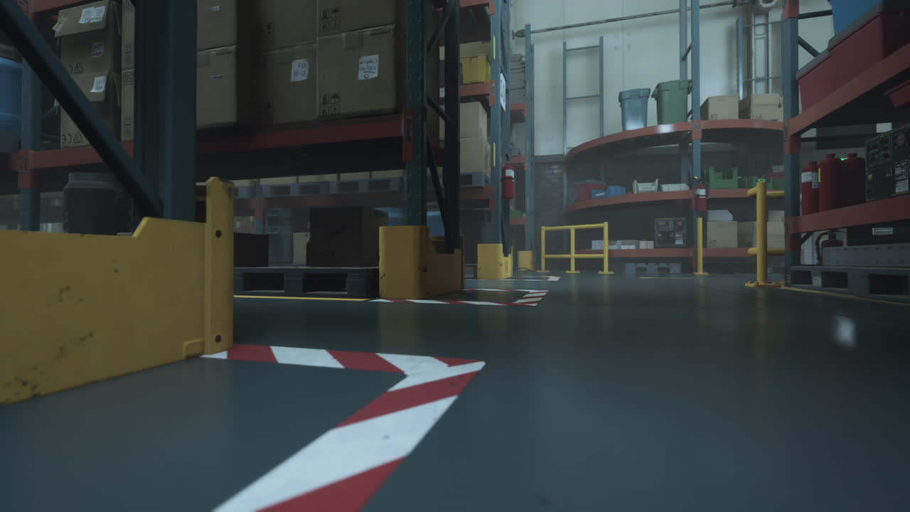 Warehouse Interior with Pallet Racks and Floor Markings
