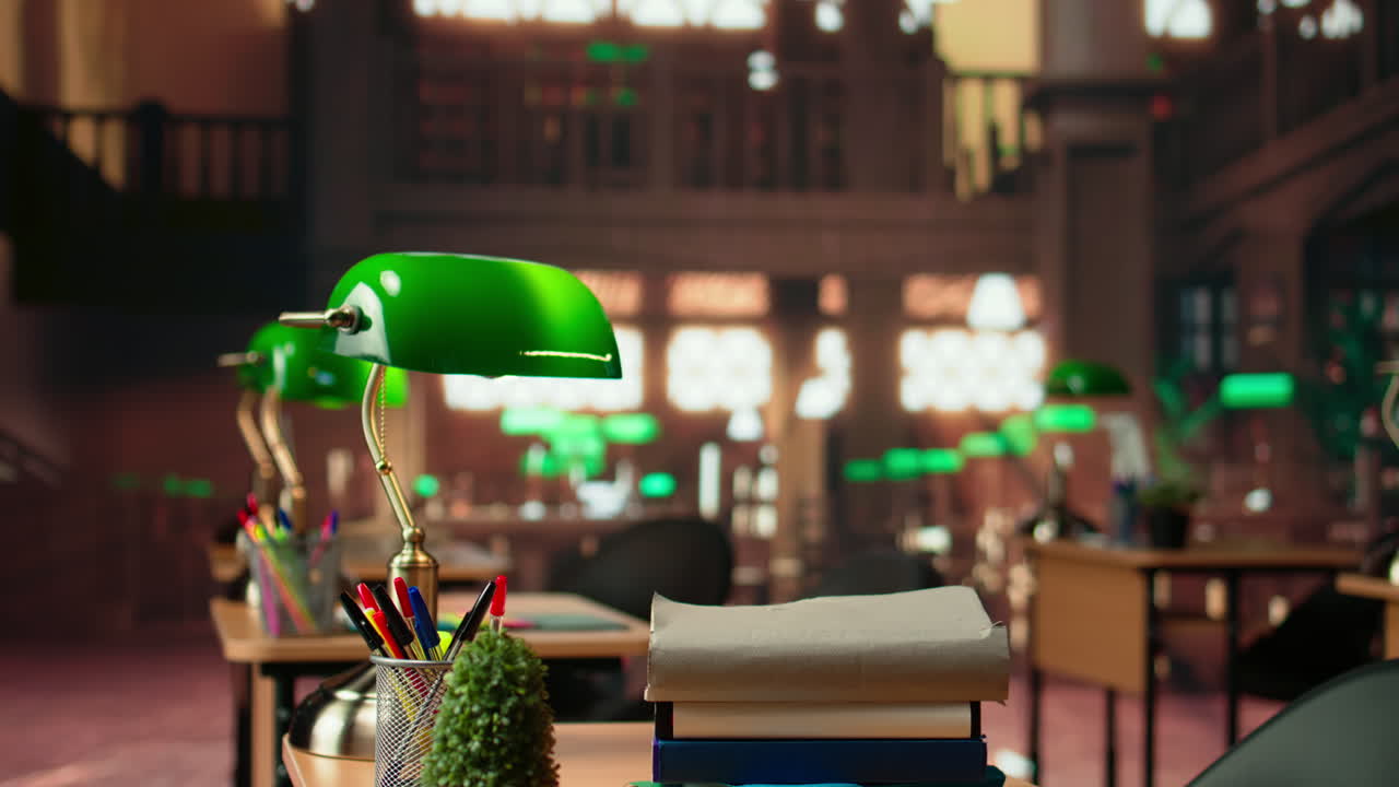 나무 선반과 고전적인 녹색 램프가 있는 빈 빈티지 도서관