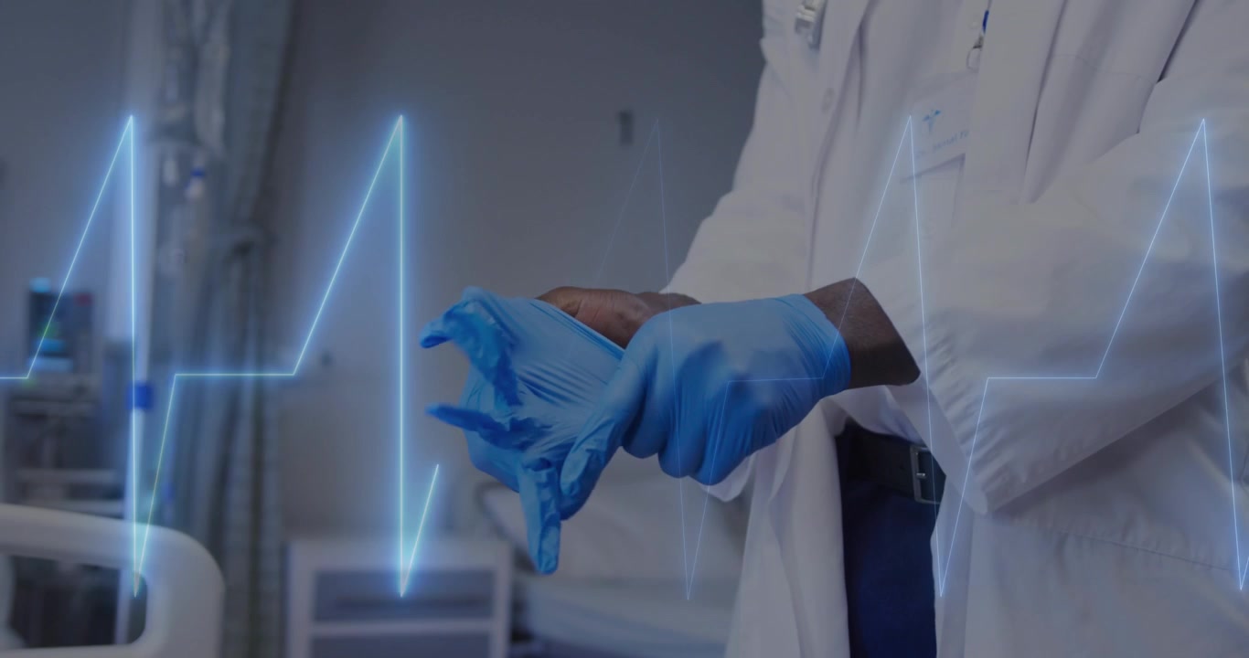 Animazione di un monitor della frequenza cardiaca sullo sfondo della parte centrale di un medico uomo che indossa guanti chirurgici in ospedale.