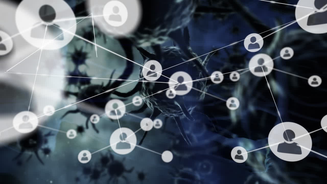 동맥과 사람 아이콘의 네트워크를 통해 퍼지는 거대 코로나바이러스 세포의 애니메이션