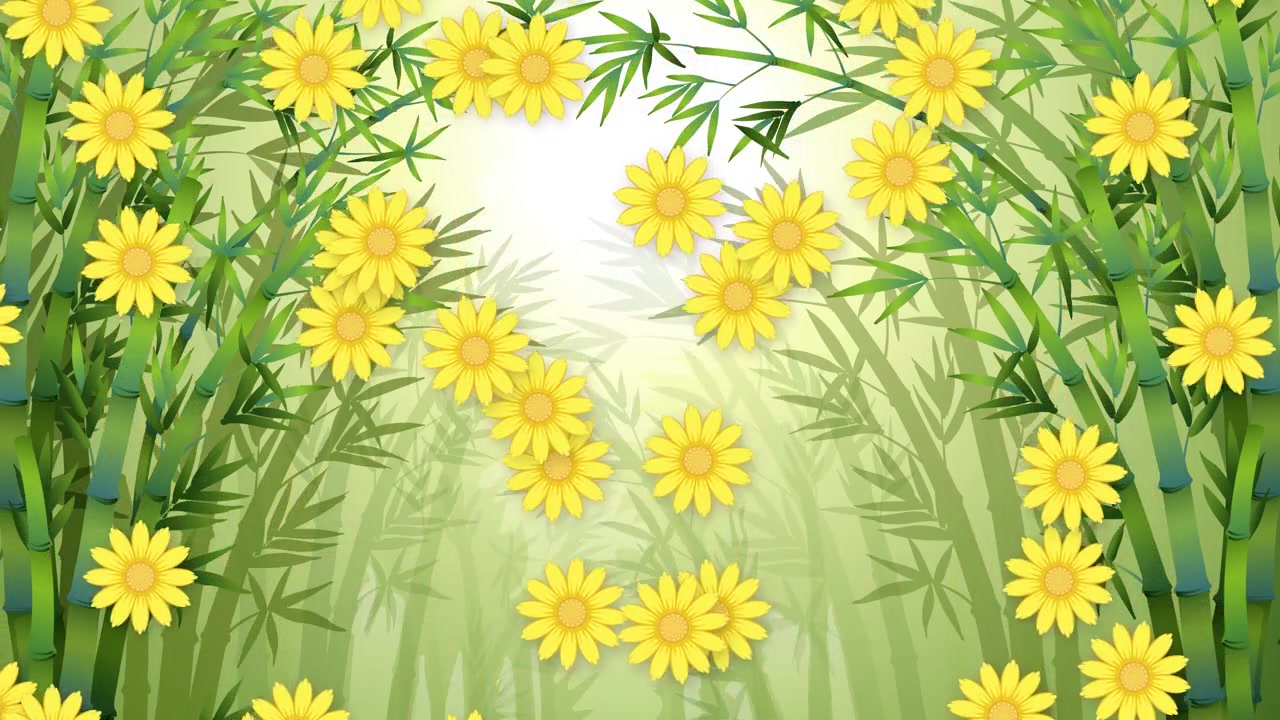 Stylized yellow blossoms drift downward against a lush green bamboo forest with soft lighting.