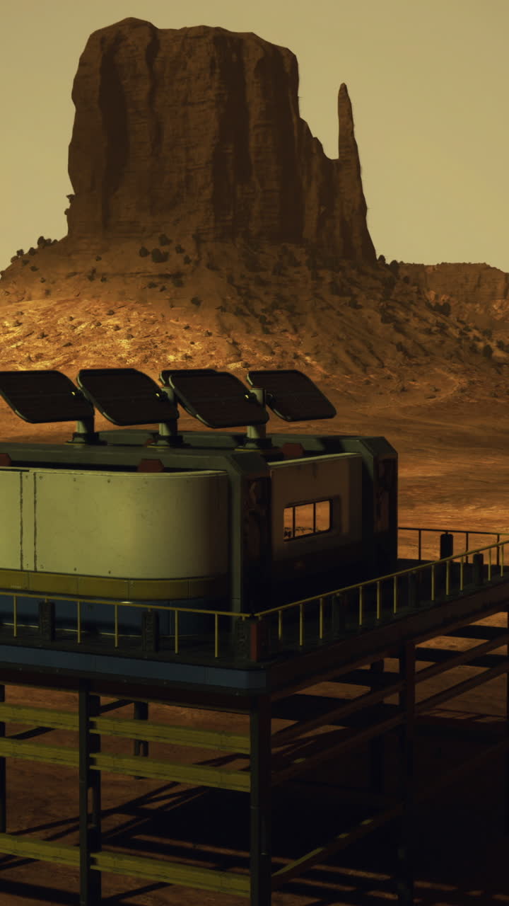 Conceptual design of a martian habitat near a rock formation at sunset