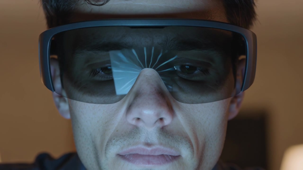 Staring man responding to reflected screen glow, studying in dim home office, wearing AR glasses