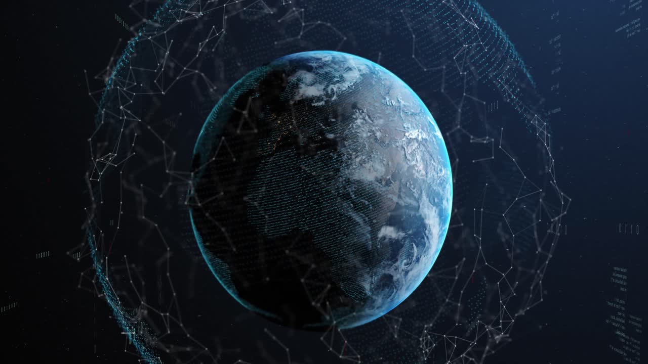 Animation of connected dots and binary codes with programming language around rotating globe