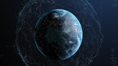 animation of connected dots and binary codes with programming language around rotating globe