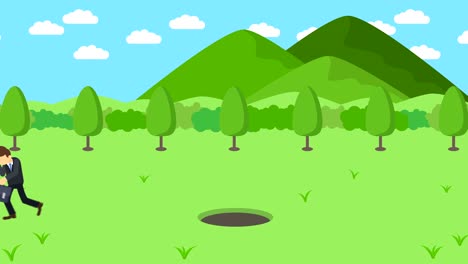 business man jump over the hole. background of mountains. risk concept. loop illustration in flat style.
