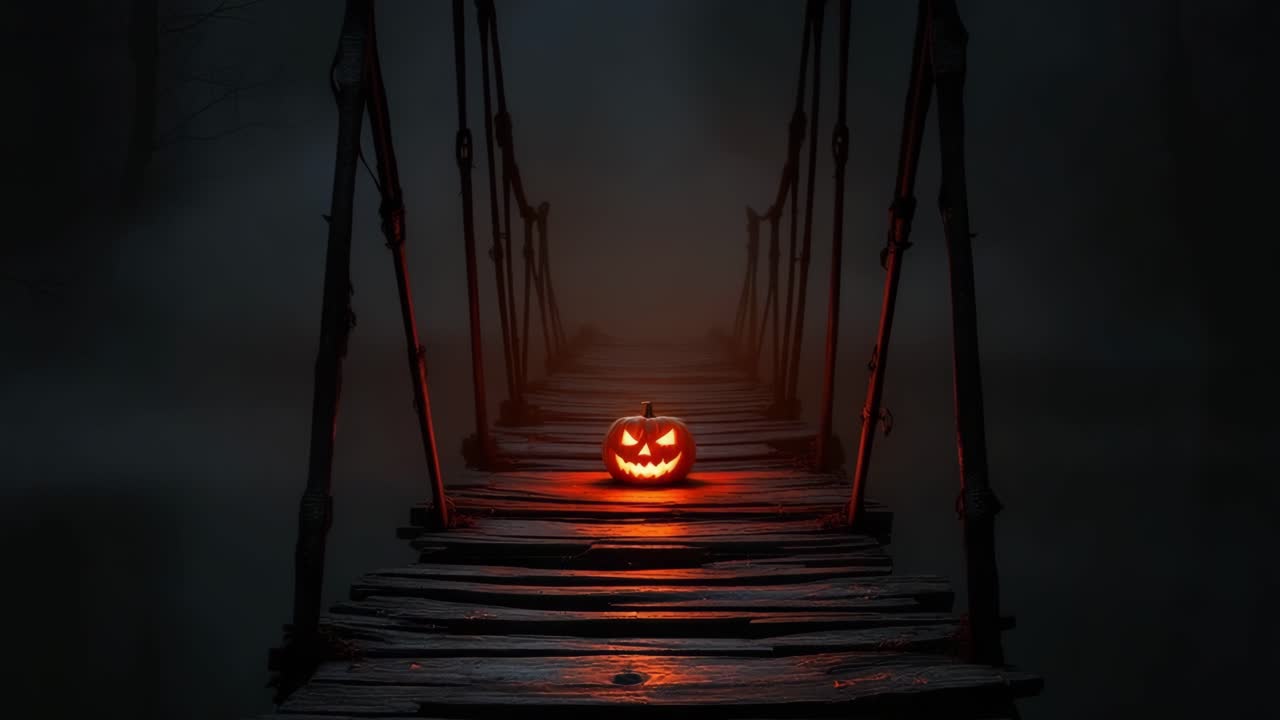 Jack-o'-lantern luminoso su un ponte nebbioso, creando un'inquietante atmosfera di Halloween di notte