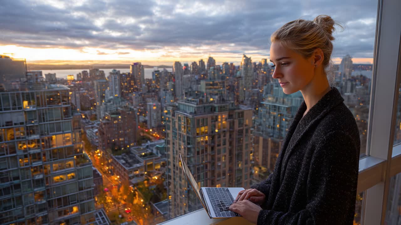 A Reflective Evening: A Young Woman Works on Her Laptop While Admiring the City Skyline at Dusk, Capturing the Ambiance of Urban Living and Modern Productivity