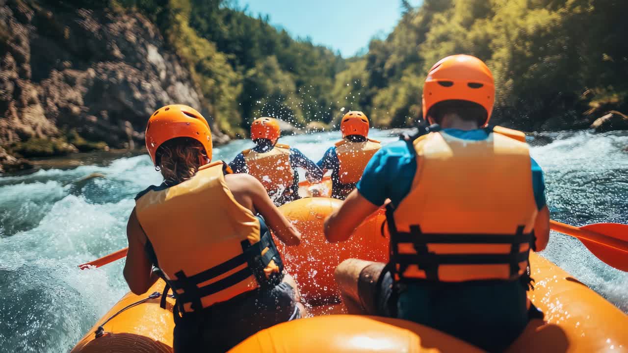 Dynamický záběr zezadu na skupinu plavící se peřejemi na raftu, který ukazuje dobrodružství a týmovou práci