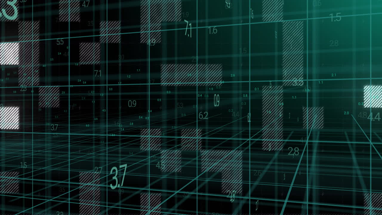 Grid lines and numerical data processing animation over dark background