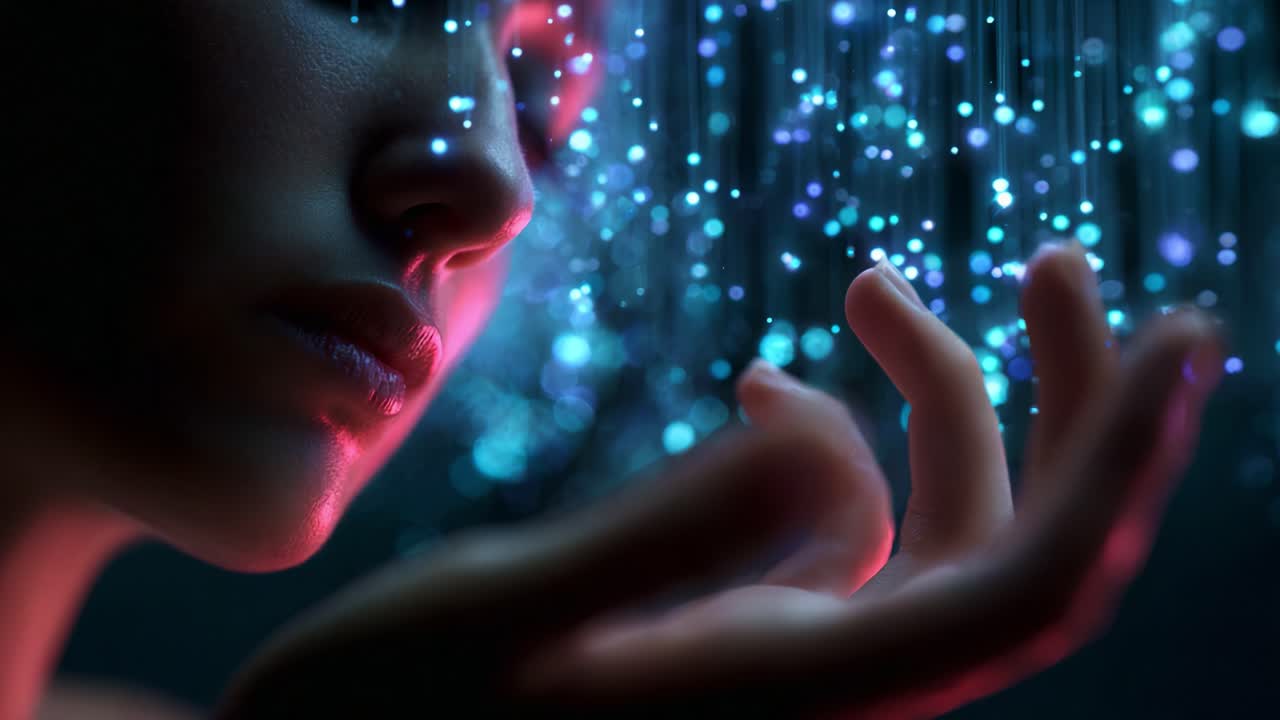 A mesmerizing close-up of a woman's face illuminated by shimmering lights, capturing a moment of wonder as she reaches out with her hand to interact with enchanting, floating particles in a magical ambiance