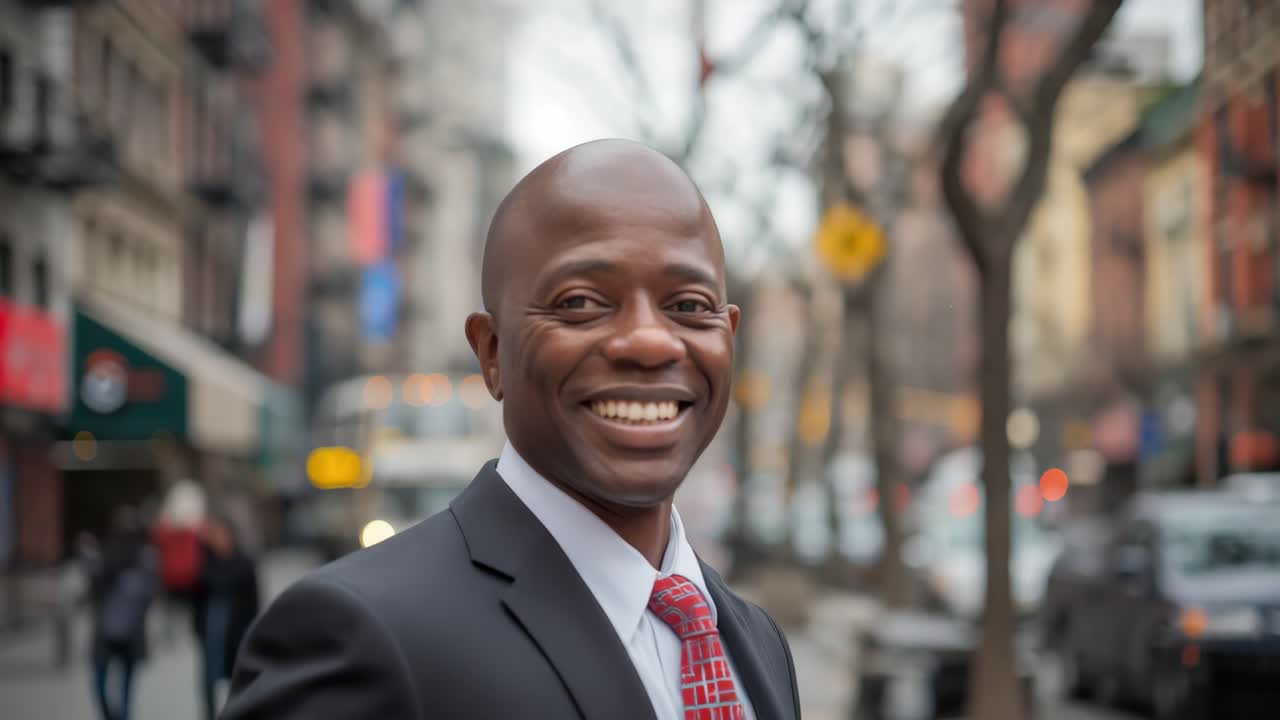 Professional african american businessman standing confidently near city skyscrapers, wearing tailored suit, radiating success with genuine smile against urban blurred landscape