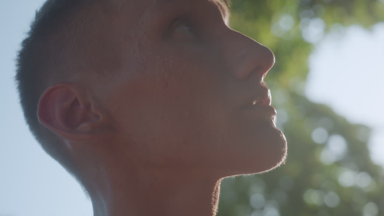 Young White Man Looking Up Into Bright Canopy With Tense Expression And Glistening Sweat On Brow Strong Backlight, Dramatic Rim Highlights, Anxious Neck Tilt, Warm Midday Sun, Atmosphere Of Alertness