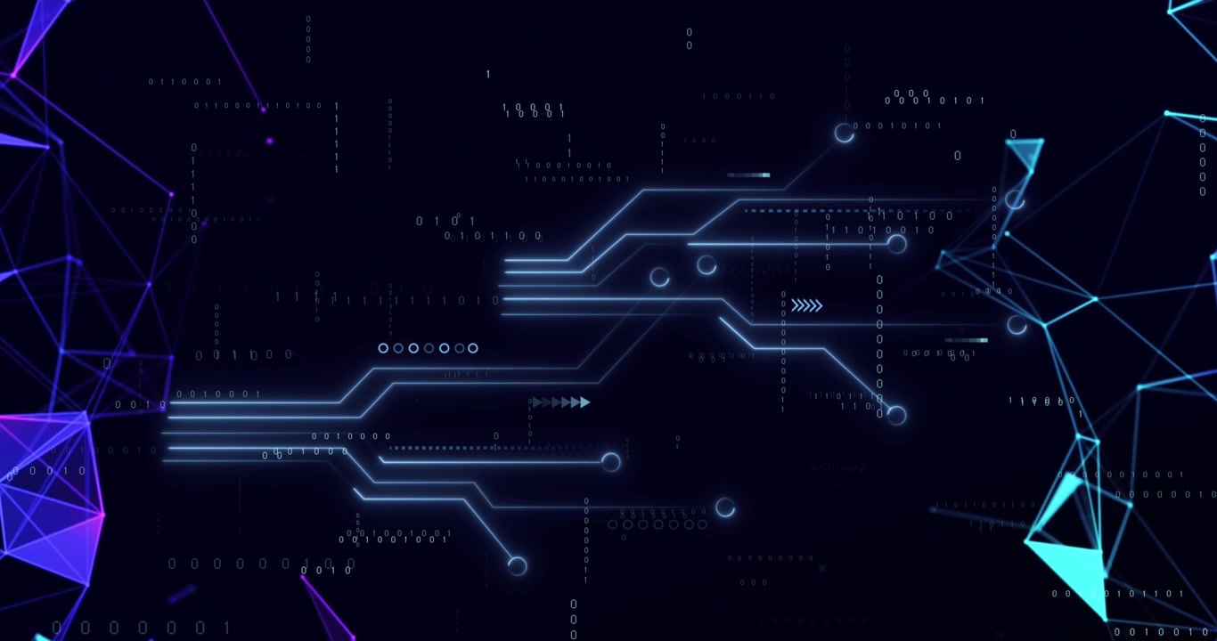 Animation of circuit board pattern over binary codes and connected dots on black background