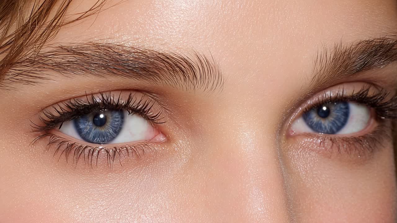 Captivating Close-Up of Striking Blue Eyes Displaying Natural Beauty and Intrigue with Perfectly Groomed Eyebrows and Subtle Makeup Highlights