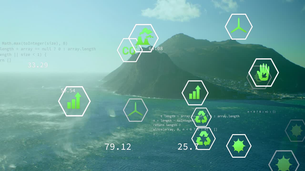 Overlay tones ind, hex-ikoner samler sig og opdaterer målinger over havet, visualiserer CO og energi.
