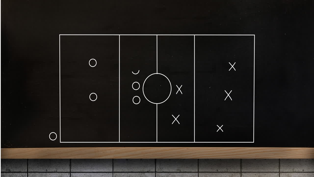 Animation of white sports court with game plan over black board against abstract background