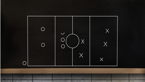 animación de una cancha deportiva blanca con plan de juego sobre tablero negro contra un fondo abstracto.