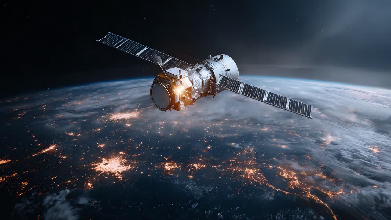 An Advanced Satellite in Orbit Over Earth, Showcasing the Beauty of Planetary Nightlight and Sophisticated Engineering in Space Exploration