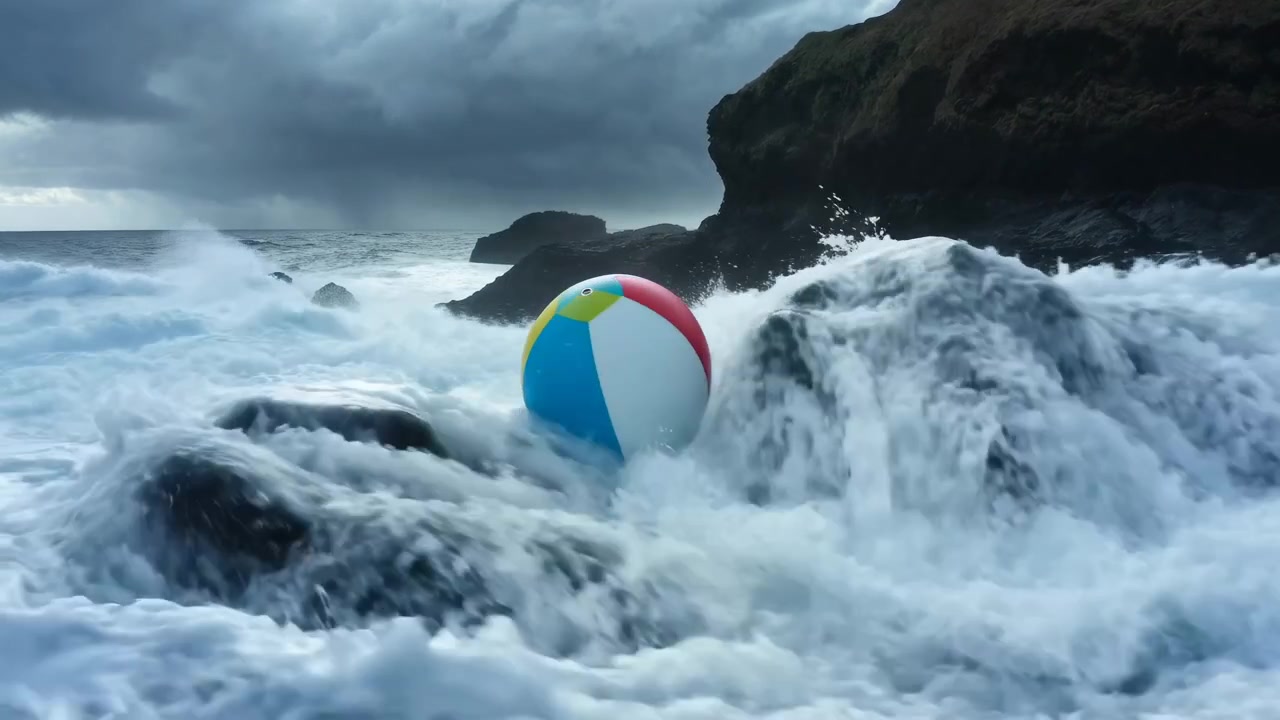 beach ball being tossed by ocean waves on rocky coastline with crashing rocks and dynamic water splashes, side view close-up of playful summer fun activity in natural setting with vivid spl.