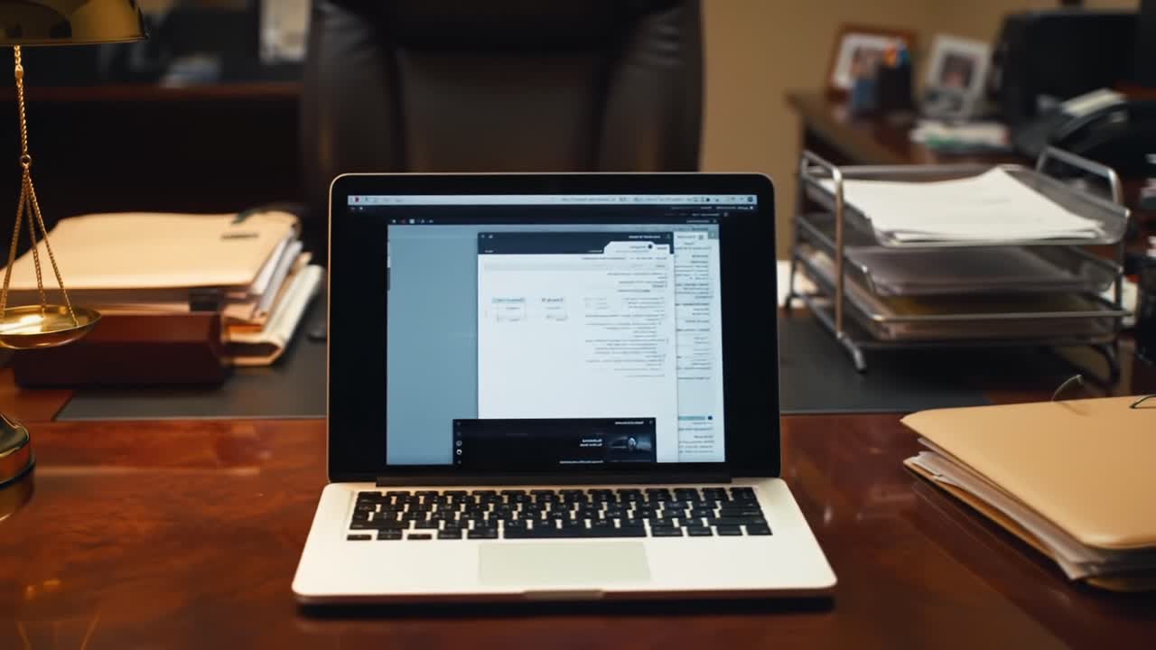 Focused Workspace with Laptop Displaying Digital Content Amidst Organized Office Supplies and Documents, Highlighting Productivity in a Professional Setting